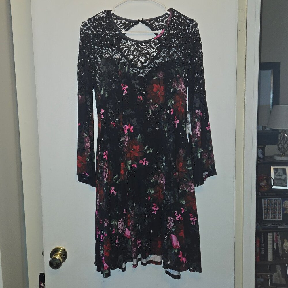 Black Stretchy Lace Flowers Galaxy Dress